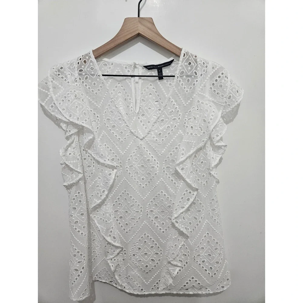 White House Black Market White Eyelet Ruffle Sleeve V-Neck Blouse Large